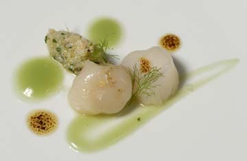 Foto Marinated scallops and spider crab with fennel cream and citrus fruits